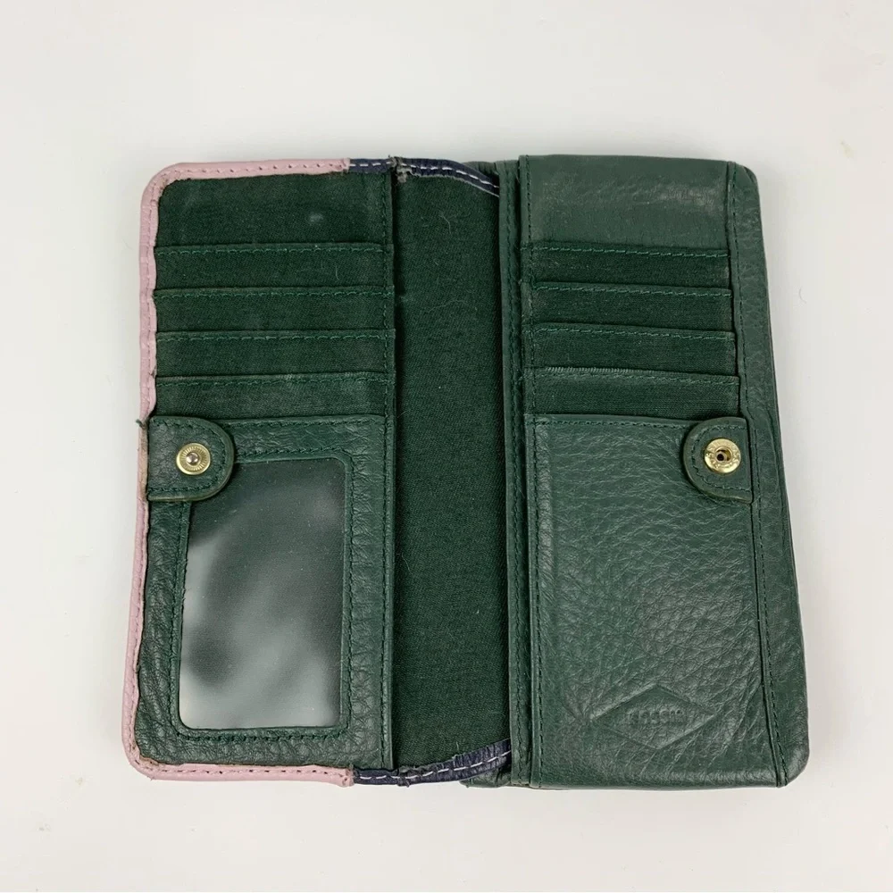 Fossil Purple Green Leather Multicolored Colorblock Bifold Wallet